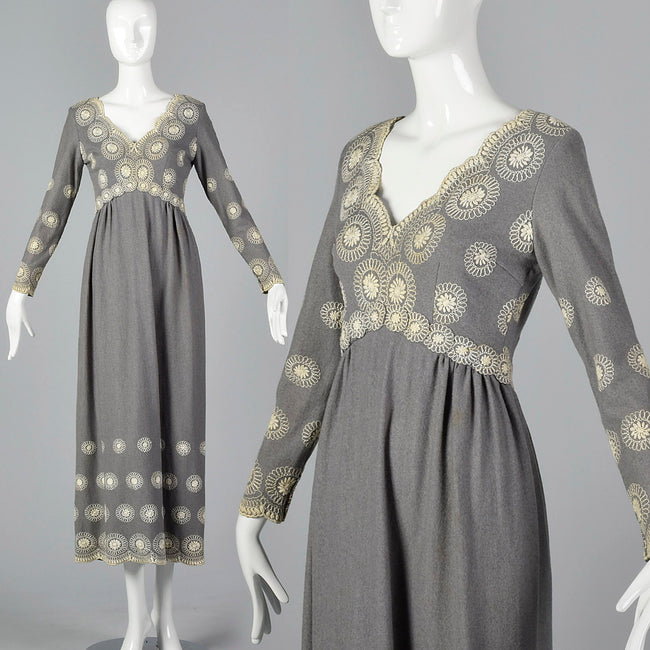 1970s Saks Fifth Avenue Gray Wool Dress with Embroidery
