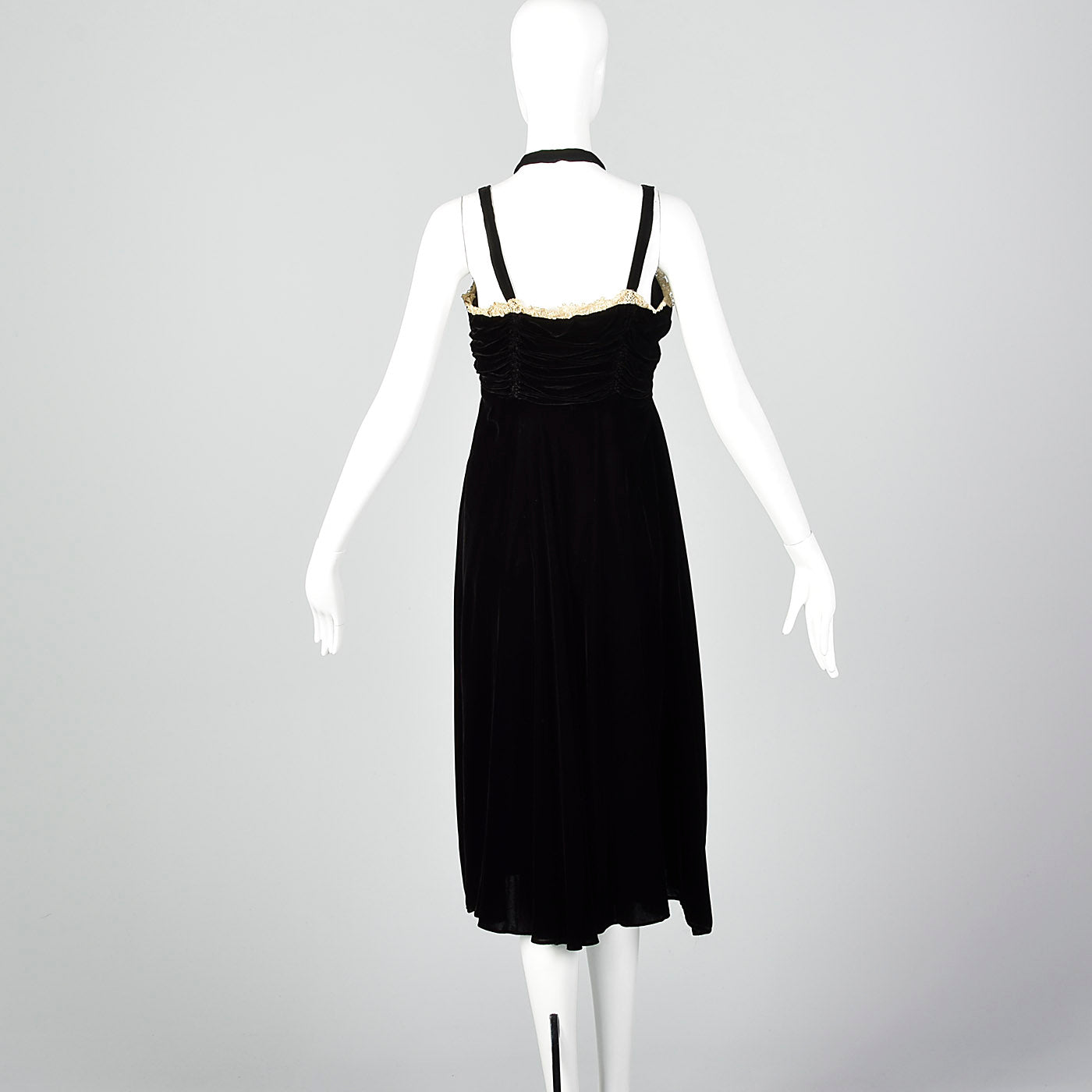 1940s Black Velvet Halter Dress with Ruched Bodice
