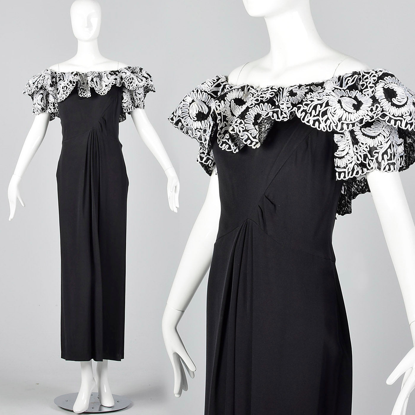 Bob Mackie Off Shoulder Full Length Black Pencil Dress with Raffia Trim