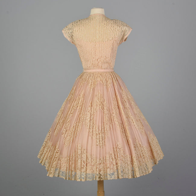 1950s Pink Lace Pleated Wedding Dress
