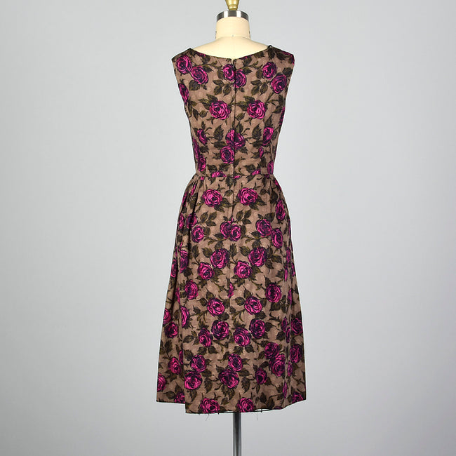 1950s Brown and Pink Rose Print Dress
