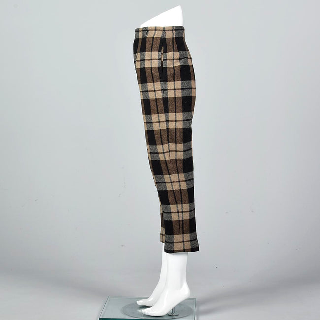 1960s Wool Cigarette Pants in Black and Brown Plaid