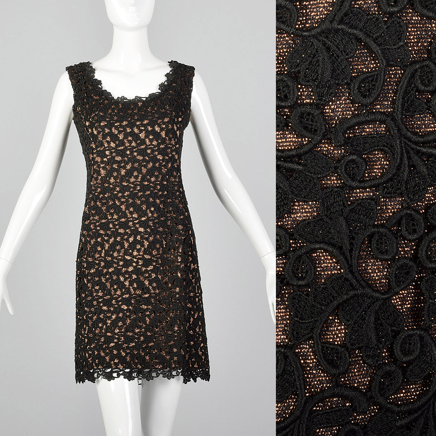 1960s Bronze Lurex Dress with Black Lace Overlay