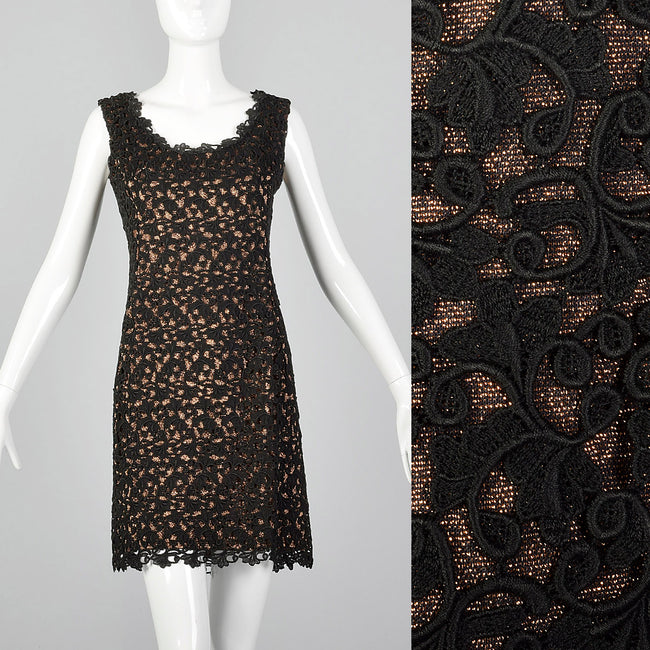 1960s Bronze Lurex Dress with Black Lace Overlay