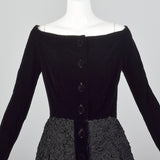 1950s Black Velvet Dress with Textured Skirt