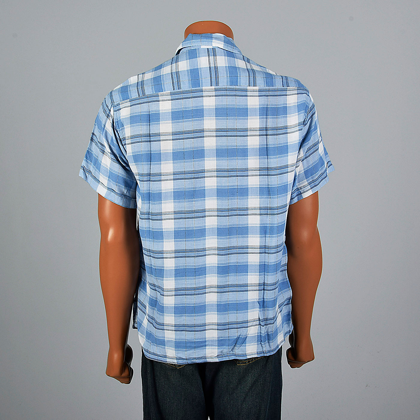 1950s Blue Plaid Rayon Shirt with Loop Collar