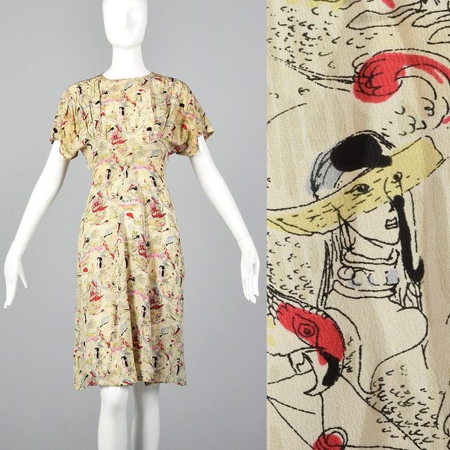 1940s Novelty Print Silk Dress with Neck Tie