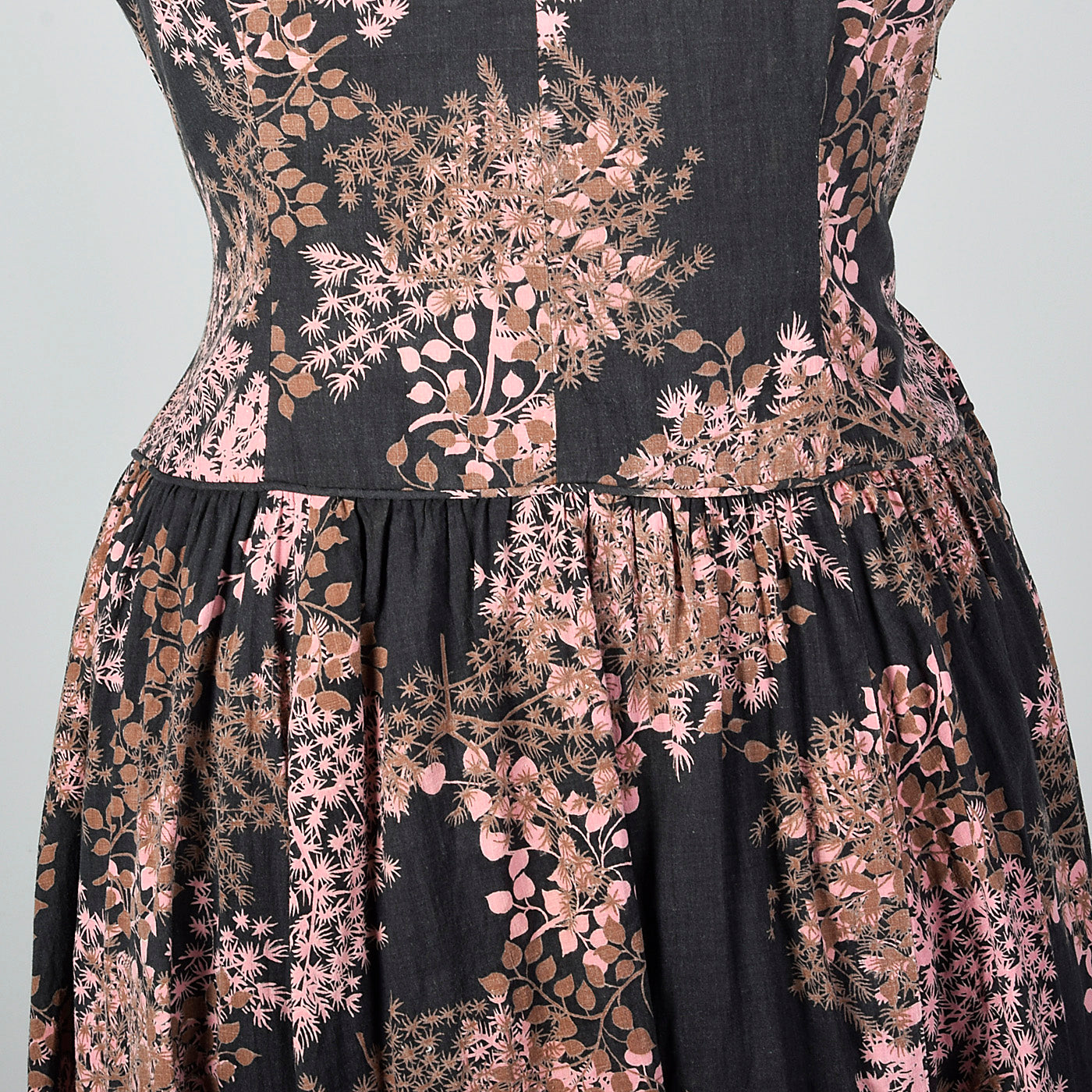 1950s Black and Pink Floral Dress with Drop Waist
