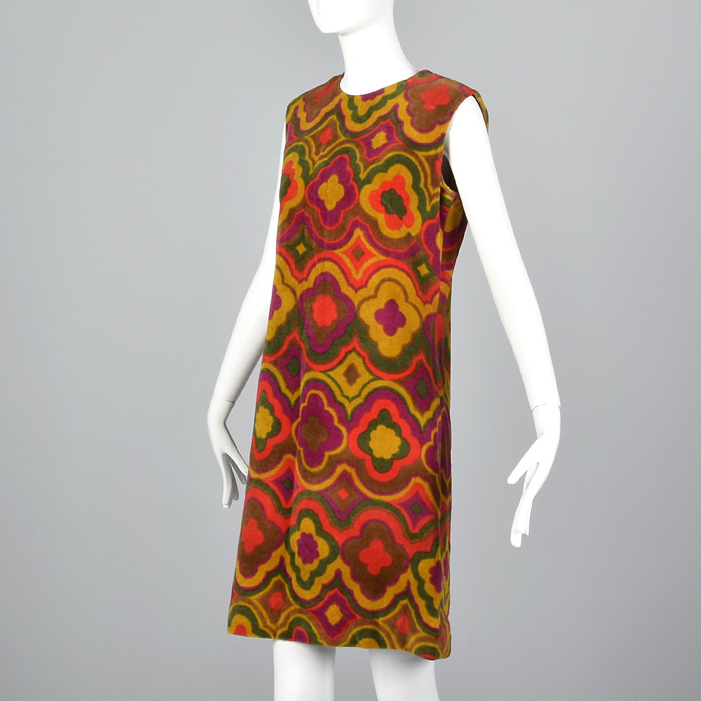 1960s Printed Velour Shift Dress