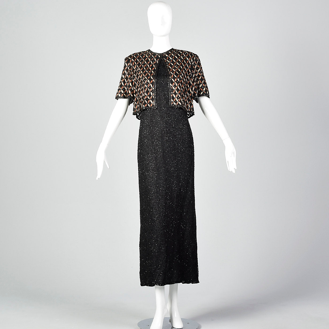1990s Black Beaded Faux Jacket Maxi Dress