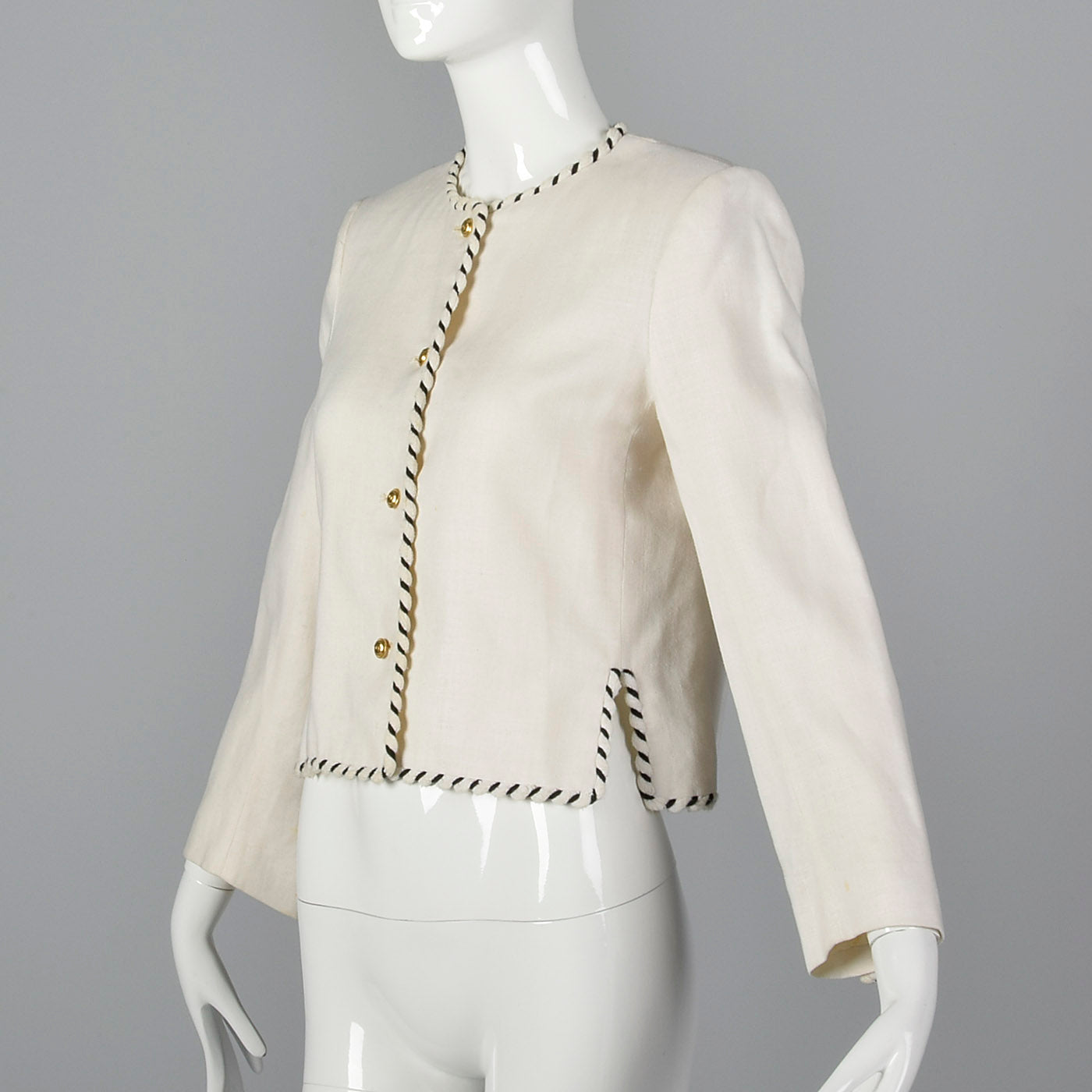 Chanel White Linen Jacket with Gold Logo Buttons and Black & White Trim