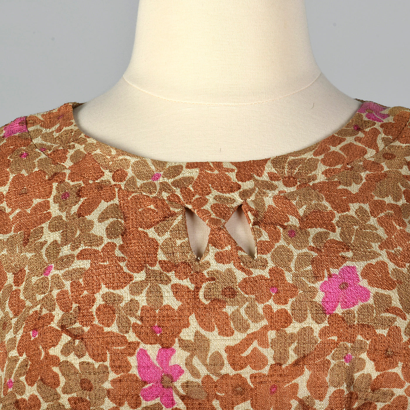 1950s Brown Floral Dress with Cut Out Neck