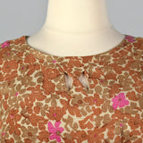 1950s Brown Floral Dress with Cut Out Neck