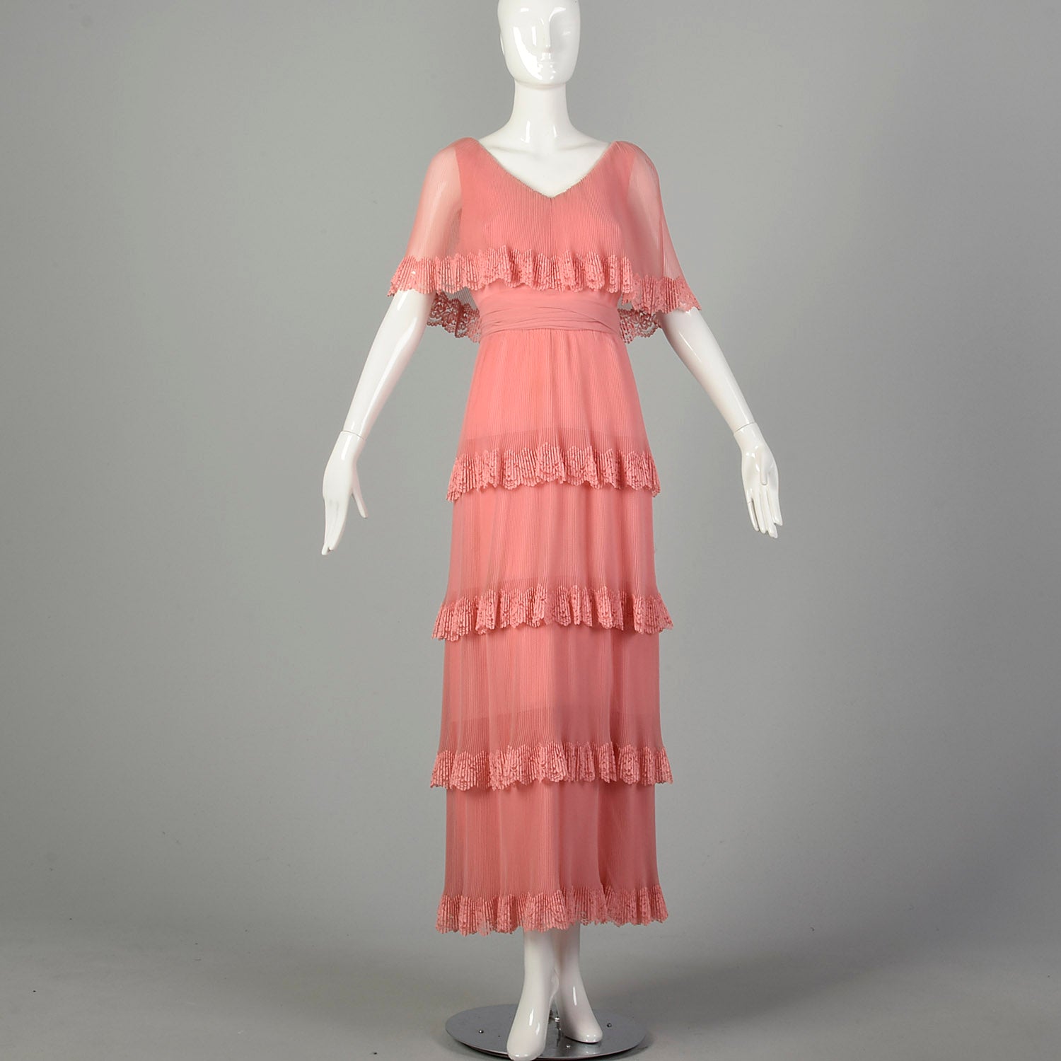 Medium 1970s Miss Elliette Dress Pleated Tiered Maxi Gown Pink Lace Capelet