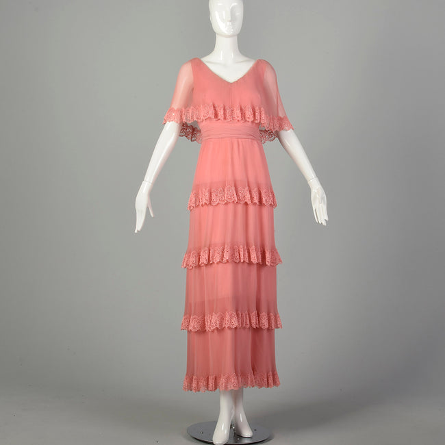 Medium 1970s Miss Elliette Dress Pleated Tiered Maxi Gown Pink Lace Capelet
