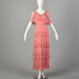 Medium 1970s Miss Elliette Dress Pleated Tiered Maxi Gown Pink Lace Capelet