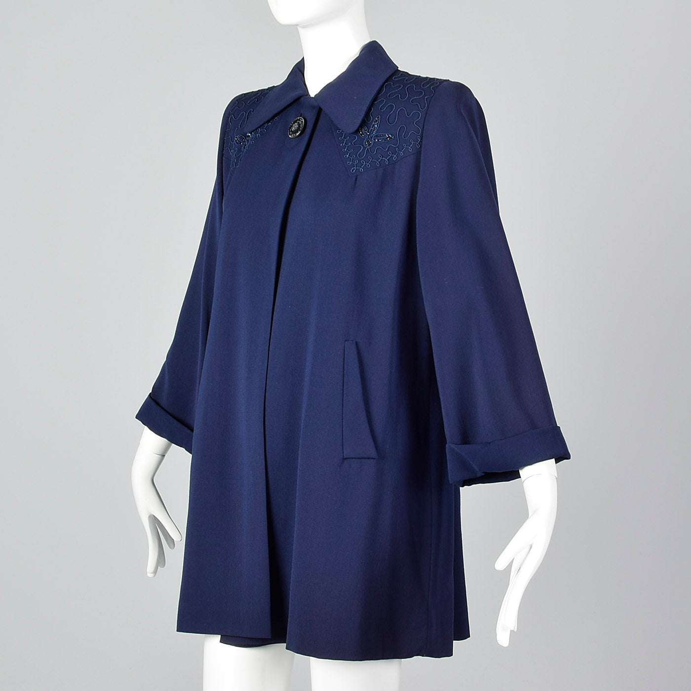 1940s Navy Blue Gabardine Swing Coat with Beading