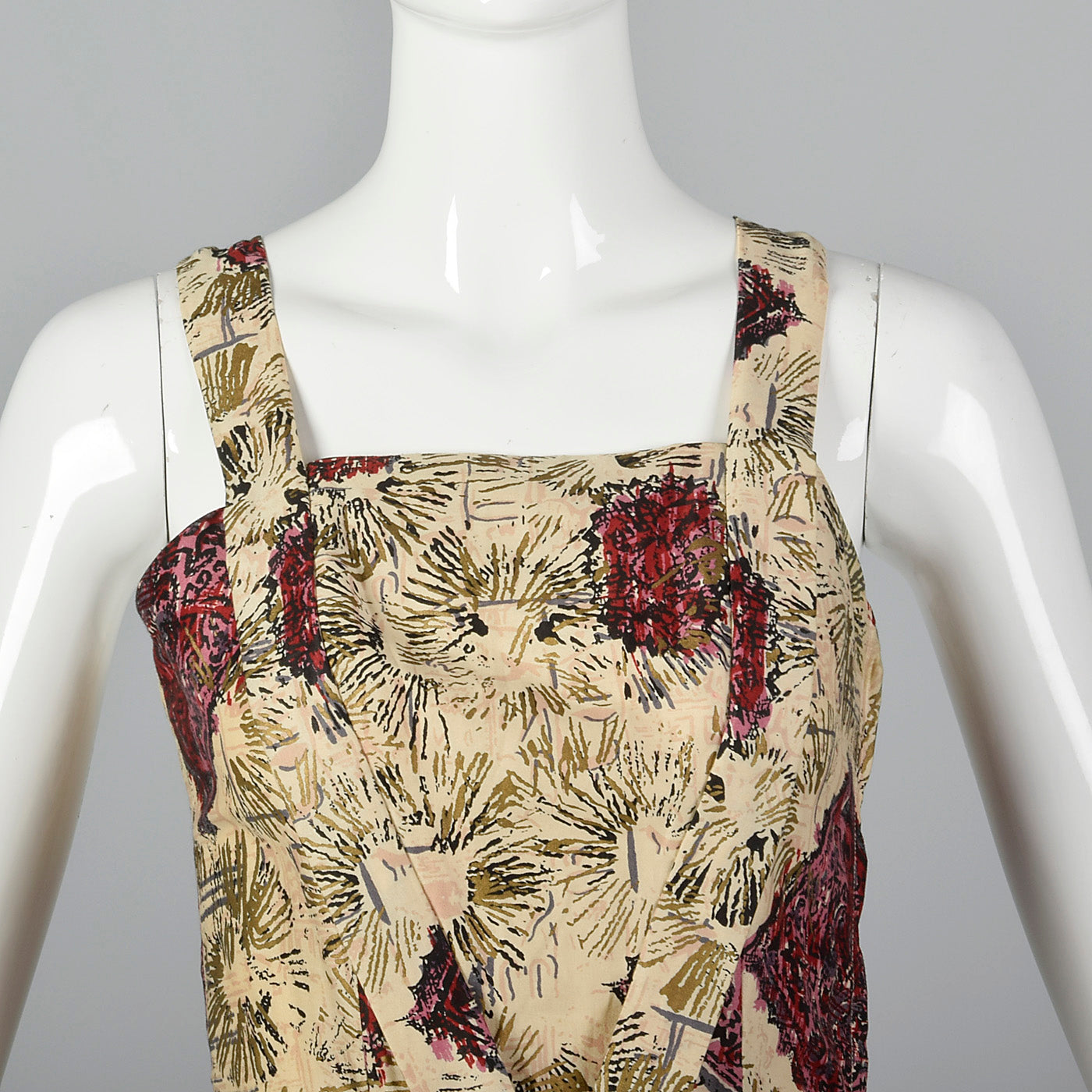 XS 1950s Beige Novelty Print Dress