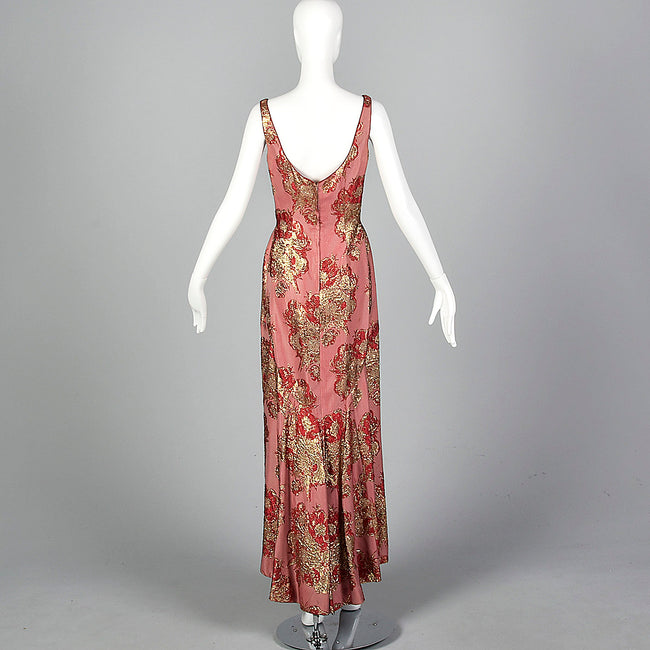 1960s Red and Gold Brocade Evening Dress