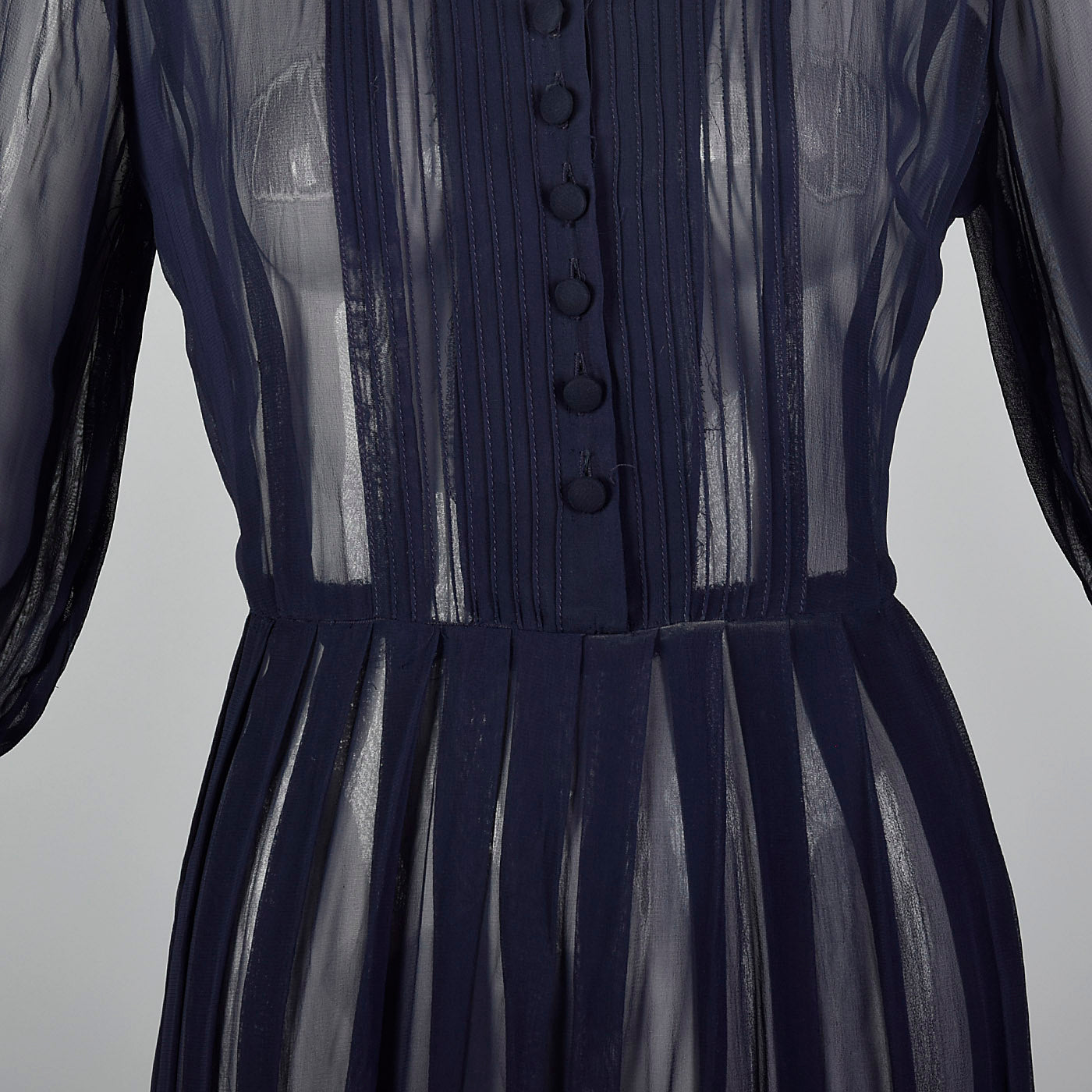 1940s Sheer Navy Blue Dress with Pleated Front
