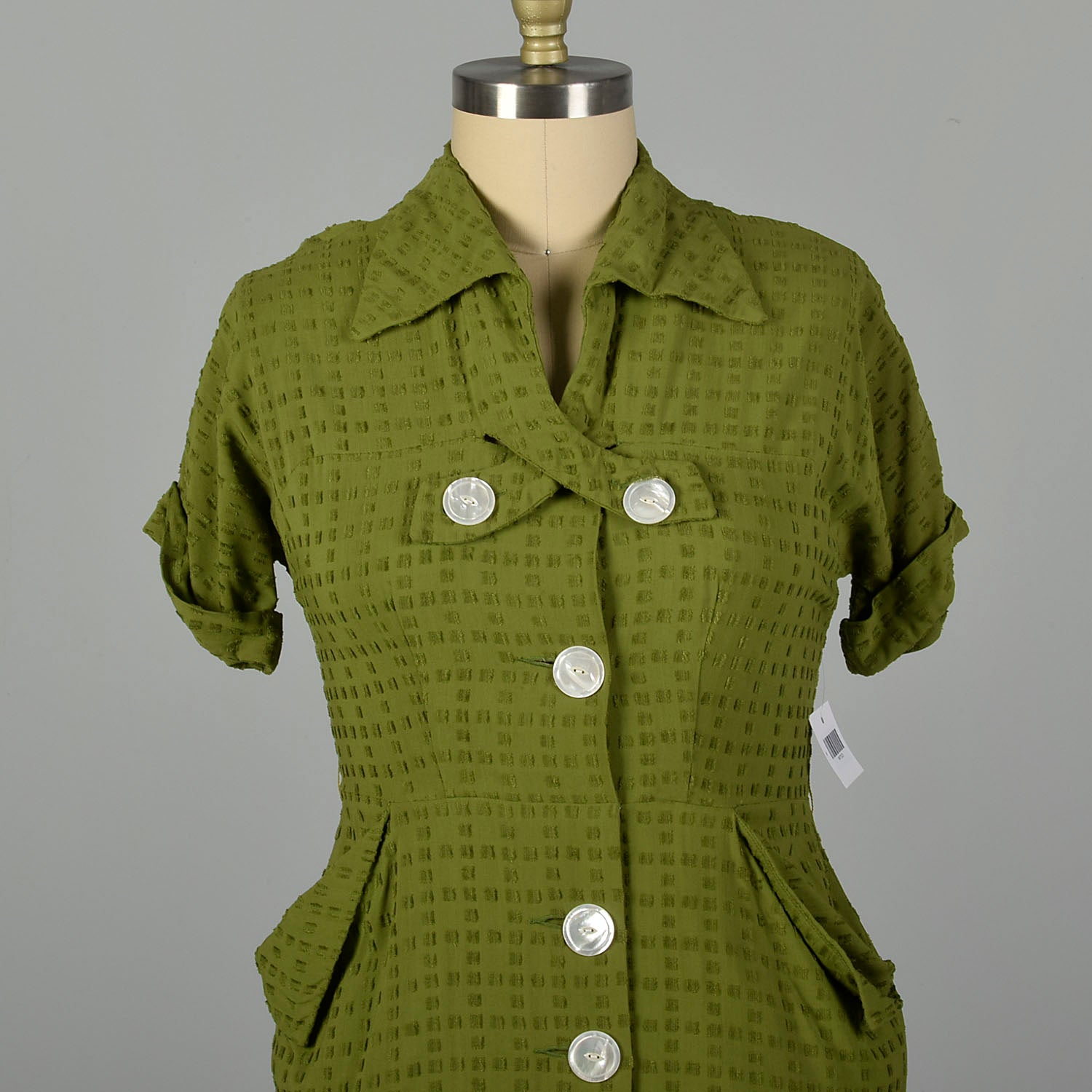 XL 1950s Green Rayon Day Dress Casual Short Sleeve