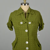 XL 1950s Green Rayon Day Dress Casual Short Sleeve