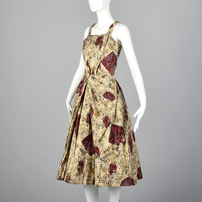 XS 1950s Beige Novelty Print Dress