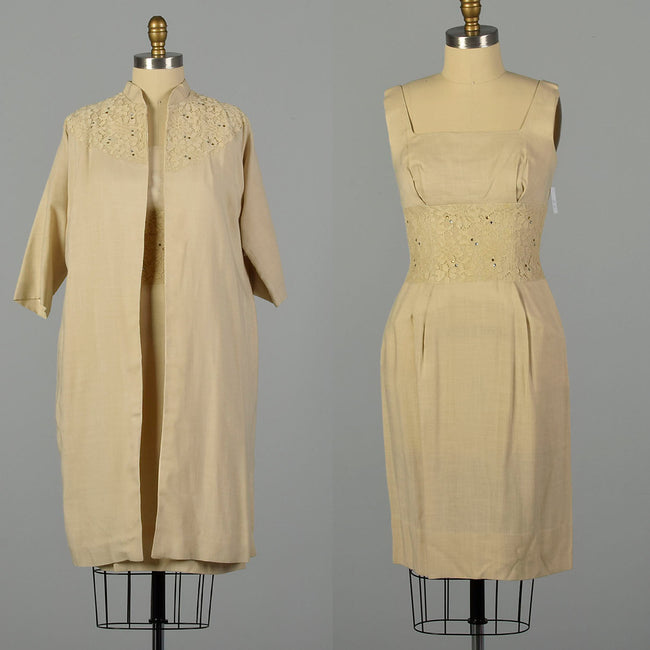 Small 1950s Linen-Look Dress and Jacket Set Wiggle Dress