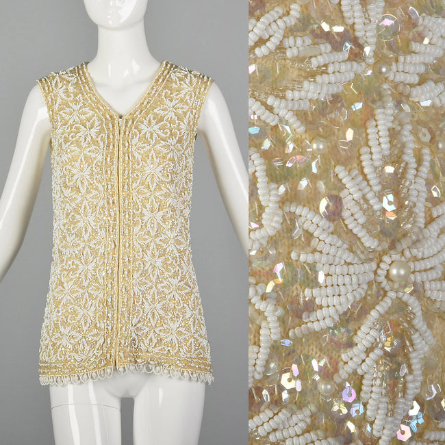 Small 1960s Ivory Beaded Sequined Vest