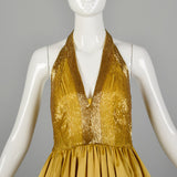 Small 1970s Gold Beaded Backless Halter Ball Gown