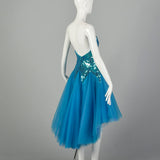 Medium 1980s Dress Strapless Tulle Sequin Teal Bustle Prom Gown Asymmetrical Hem
