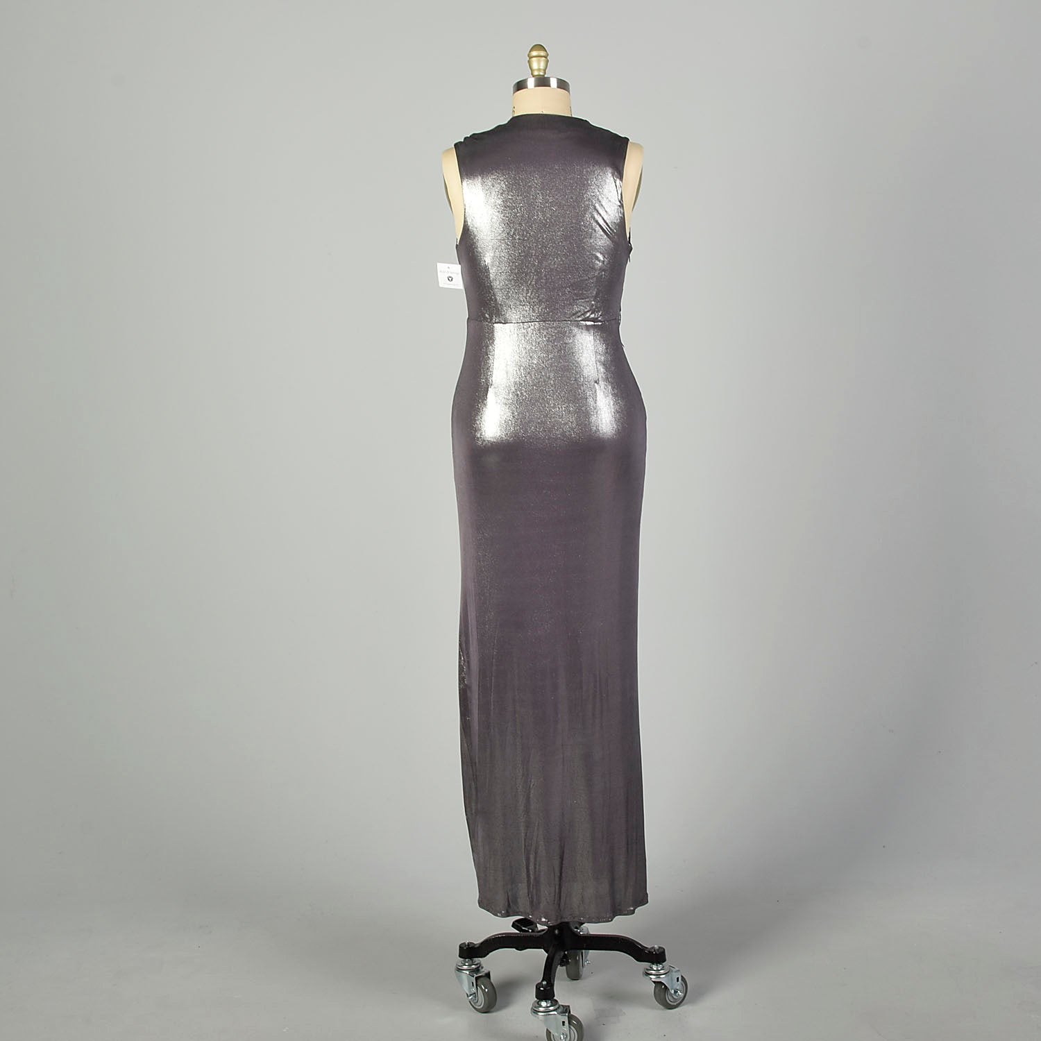 XL Y2K Halston Heritage Dress Metallic Silver Wet-Look Formal Prom Evening Gown