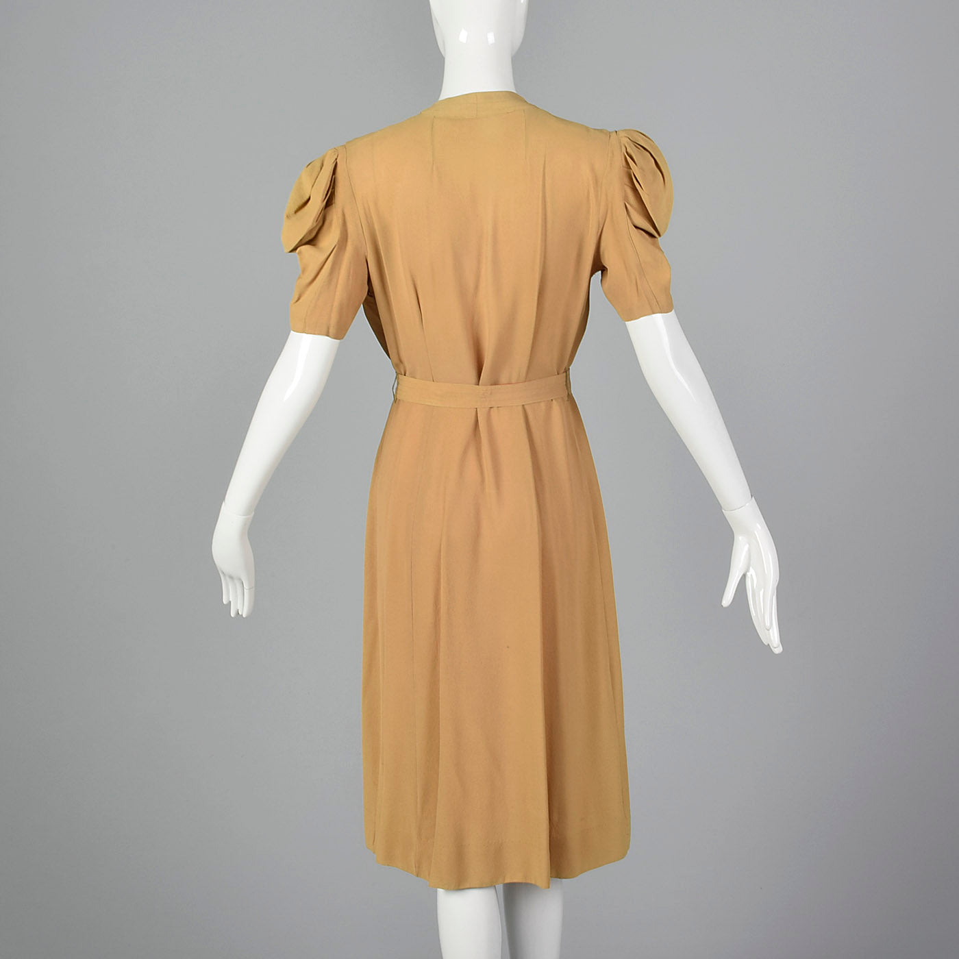 1940s Tan Rayon Crepe Dress with Full Flower Corsage