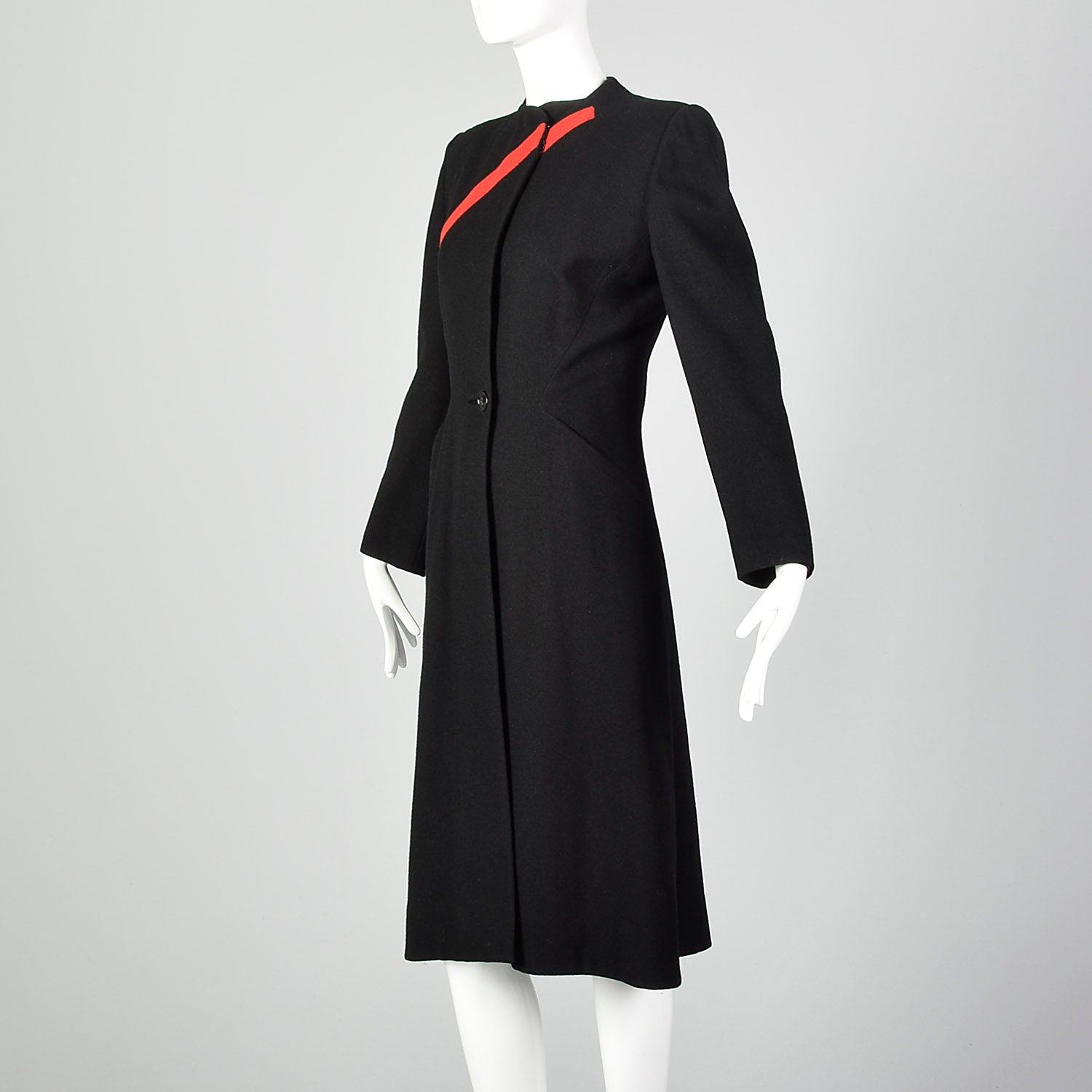 1940s Gilbert Adrian Black Wool Coat with Asymmetric Red Stripe