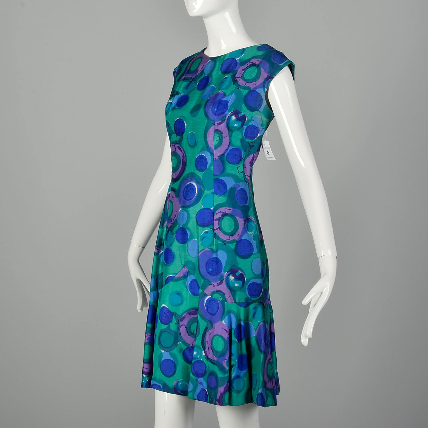 Large 1960s Dress Colorful Green Abstract Print Blue Sleeveless