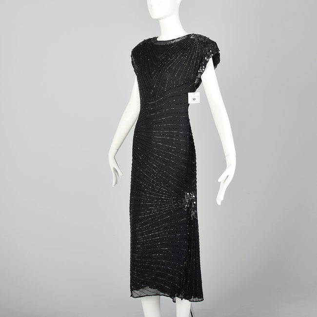 Medium 1980s Black Silk Beaded Dress Cocktail Party Keyhole Back