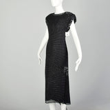 Medium 1980s Black Silk Beaded Dress Cocktail Party Keyhole Back