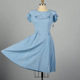 Large 1950s Dress Blue Swiss Dot Collar Casual Day Dress