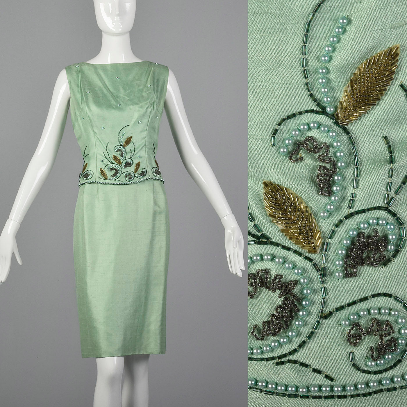 1960s Green Silk Dress with Faux Two-Piece Look