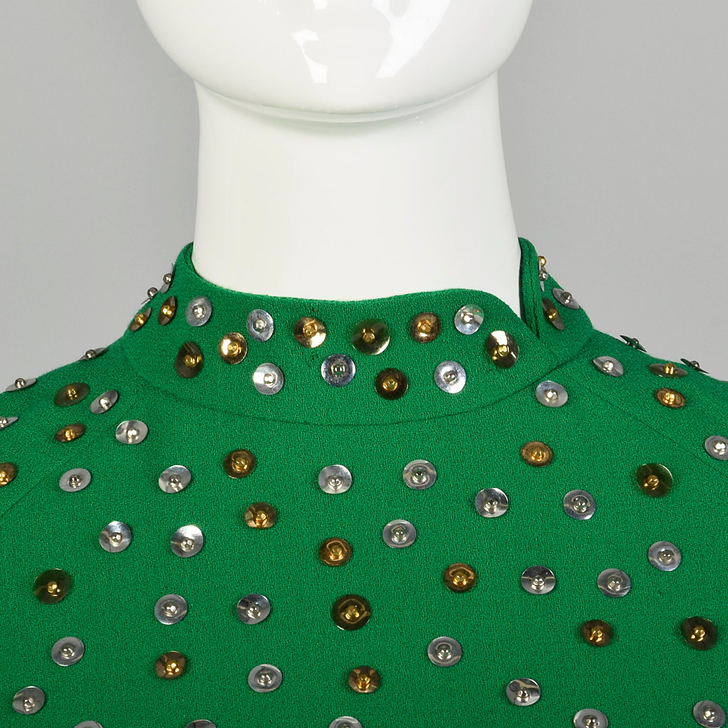 Large 1970s Pauline Trigere Dress Green Long Sleeve Formal Evening Gown Sequin