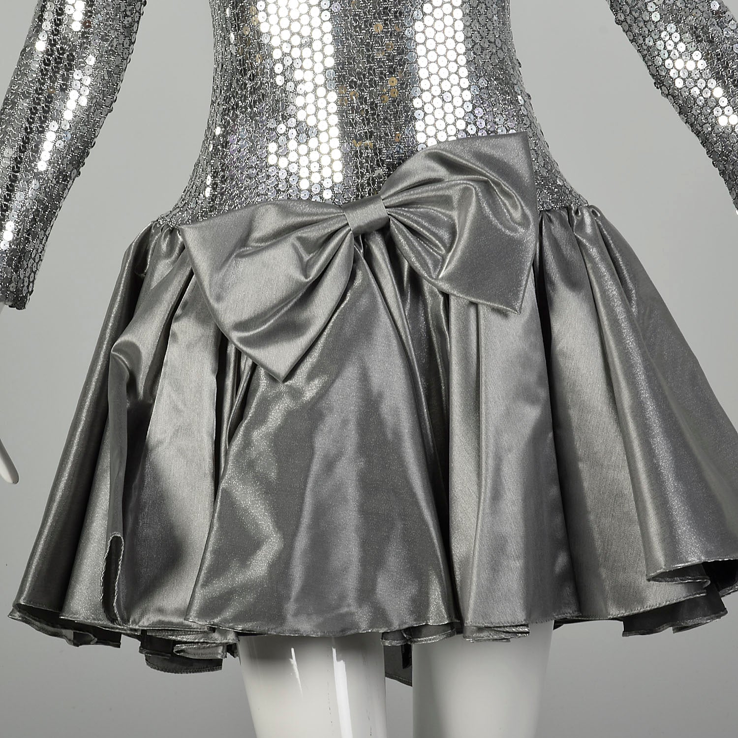 XS 1980s Silver Sequin Party Dress Bow Drop Waist Long Sleeve