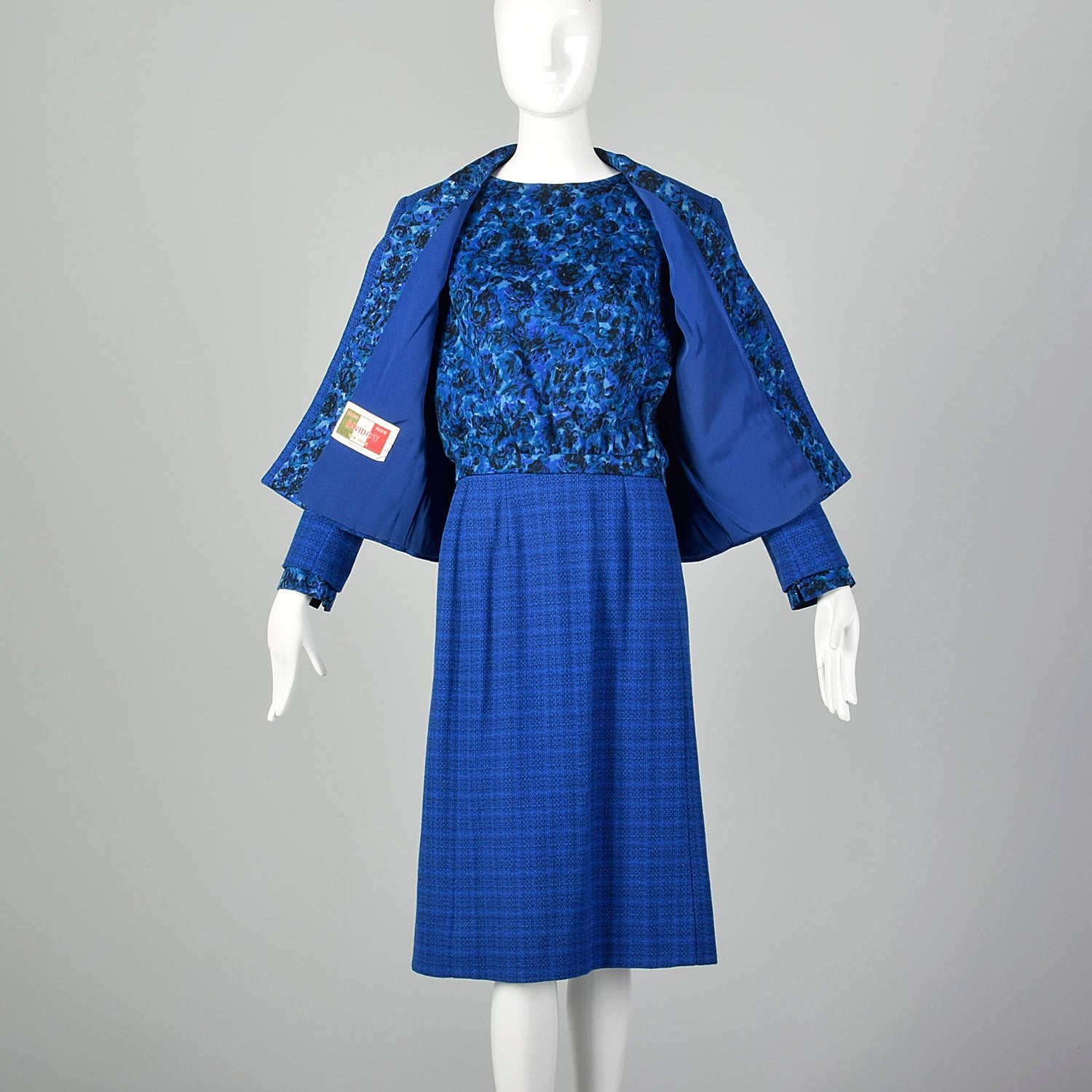 Medium 1960s Davidow Three Piece Blue Tweed Skirt Suit