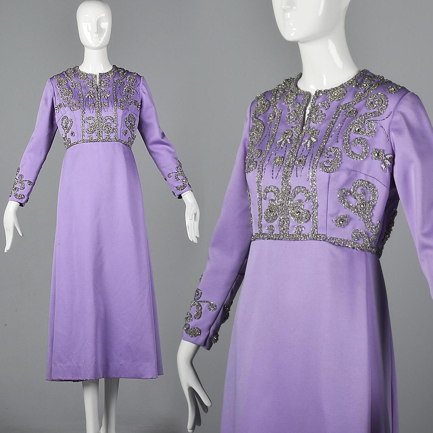 1960s Purple Statin Maxi Dress with Beaded Bodice