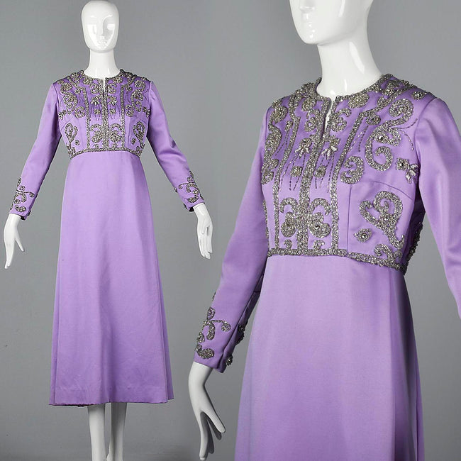 1960s Purple Statin Maxi Dress with Beaded Bodice