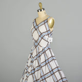 Medium 1950s Day Dress Blue Plaid Casual Cotton Summer Sleeveless Sundress