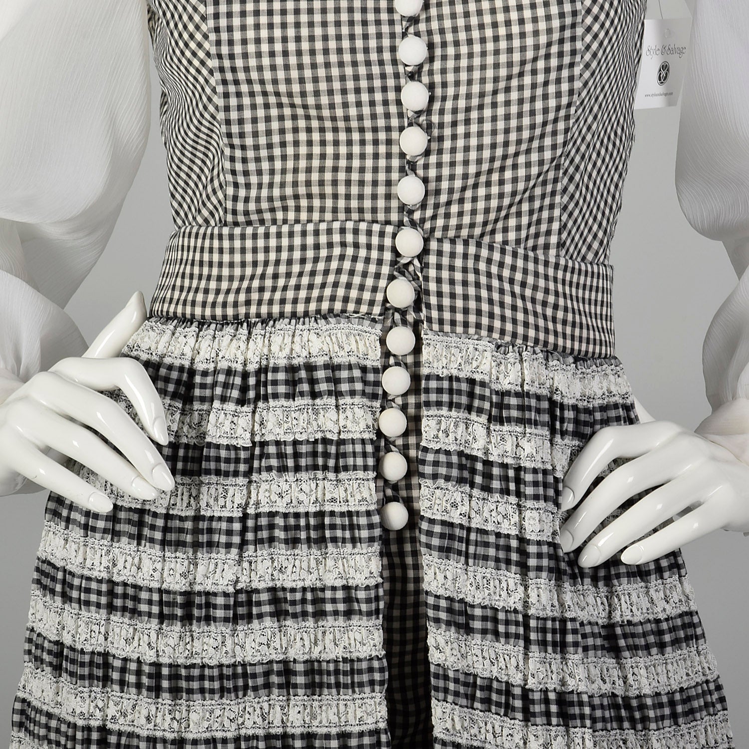 Small 1970s Romper Black and White Checkered Lace Overskirt Sheer Longsleeves