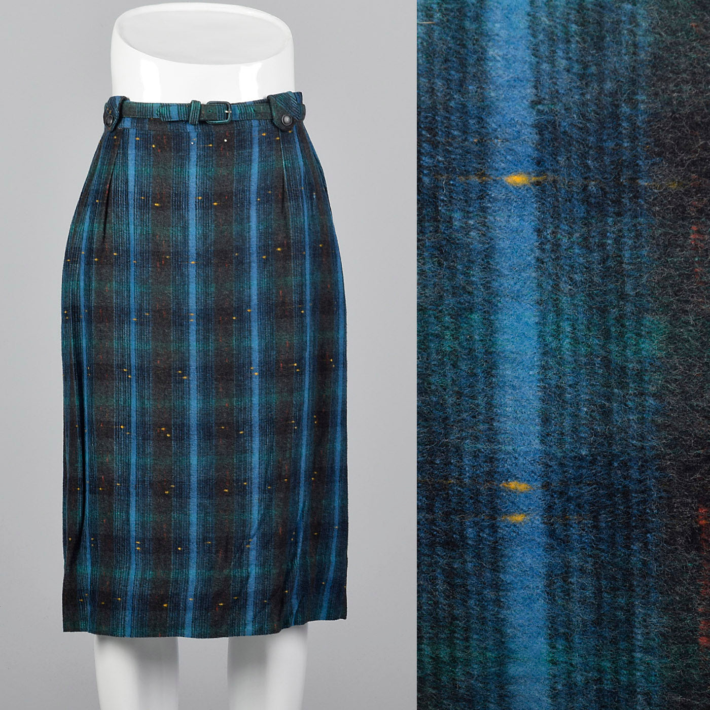 1950s Blue and Green Plaid Flannel Skirt