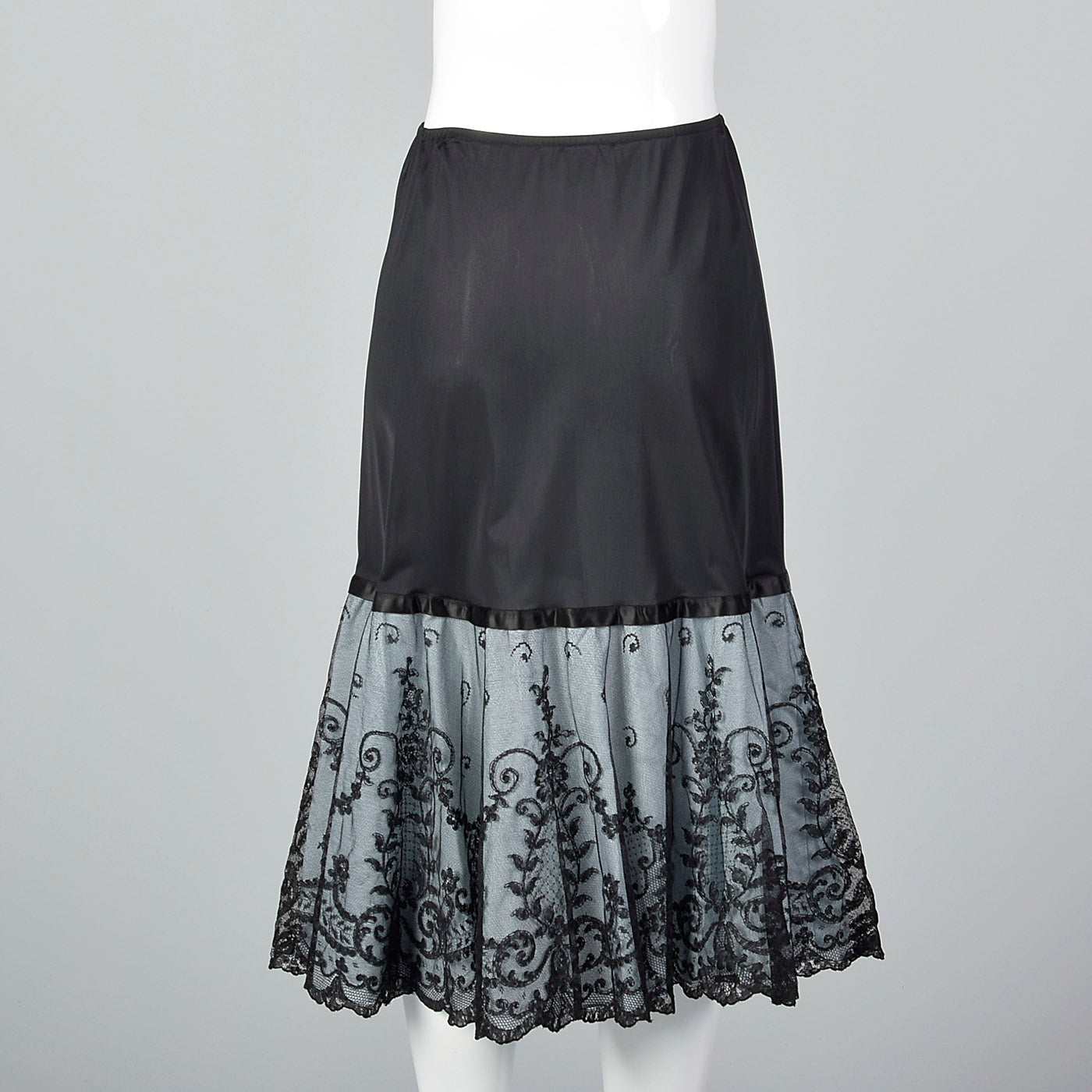 1950s Black Half Slip with Pale Blue Taffeta and Sheer Black Lace Hem