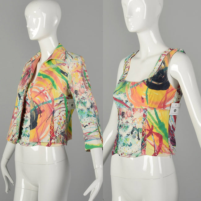 Alberto Makali Multi-Color Abstract Print Stretch Top and Matching Jean Jacket Set