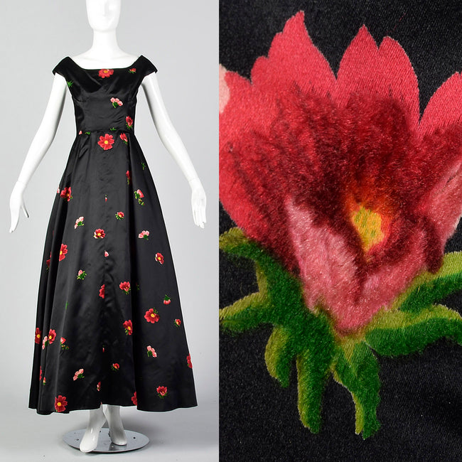 1950s Hattie Carnegie Black Gown with Flocked Flowers